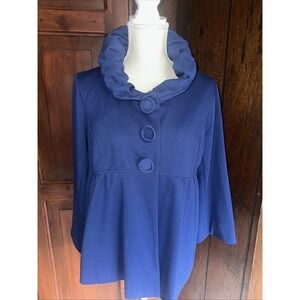 Womens Du Jour Blue Ponte Knit Ruffled Swing Partial Open Jacket 3/4 Sleeves M
